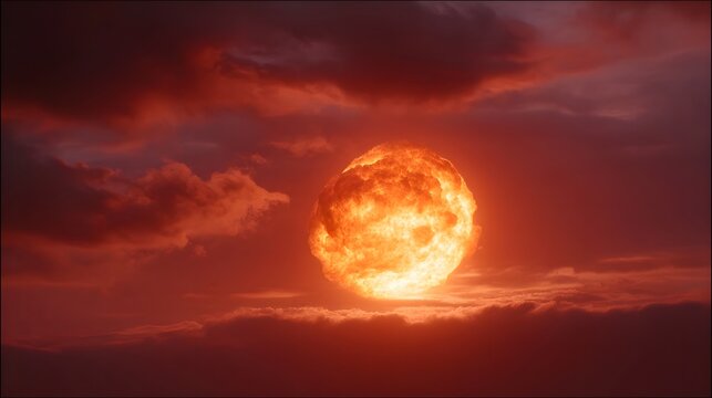 A dramatic fiery orb glows intensely in a sky filled with crimson clouds at twilight - Powered by Adobe