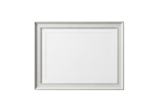 An empty, pristine, rectangular off-white to light beige frame with refined decorative edges and aged photo mount texture, centered on transparent surface, minimalist studio setup, versatile template