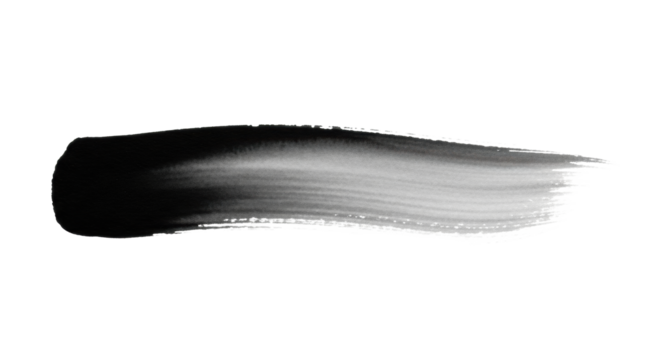 Dynamic horizontal abstract ink wash stroke, deep blacks, grey shades, delicate translucency on transparent, flat lay, top-down studio shot, concept for corporate branding