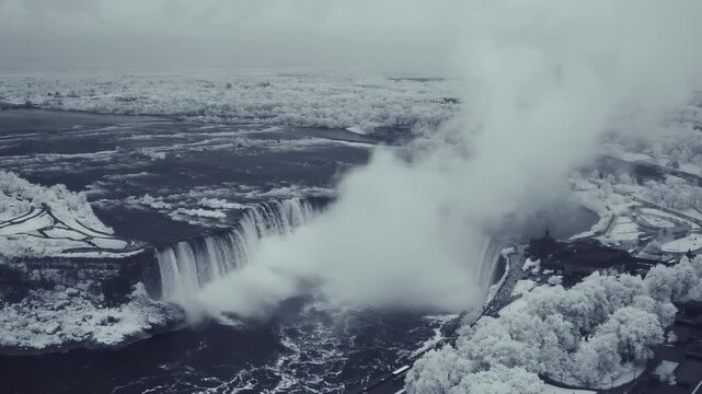 Infrared aerial landscape showing Niagara Falls nature and surroundings in bright surreal tones