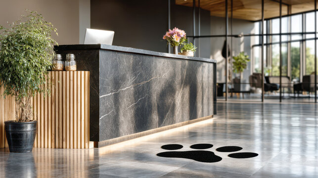 Veterinary clinic interior with a sleek reception desk and pet scale featuring a paw print design on the floor. - Powered by Adobe