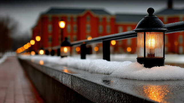 Evening view of a pedestrian island with railing and glowing lamps covered in snow after a winter snowfall.