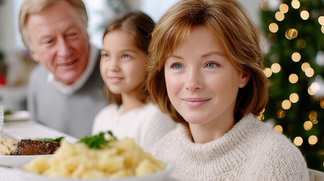 Happy grandparents joyfully hugging grandchildren during festive dinner with twinkling lights in the background - Powered by Adobe