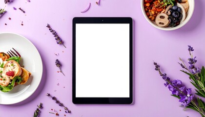 Digital Tablet Mockup Surrounded by Food and Flowers on Purple Background