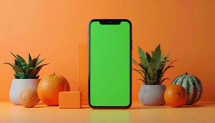 Mobile Phone with Green Screen and Fruit in a Pastel Orange Gradient Scene
