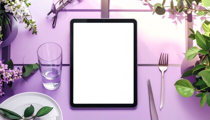 Dining Technology Tablet Display on Lilac Table with Place Setting and Flowers