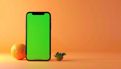 Smartphone with Green Screen Mockup for App UI/UX Design, Modern Orange Background