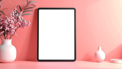 Minimalist Tablet Mockup with Floral Decor on Coral Background