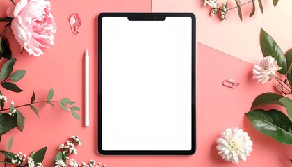 Stylized Tablet Mockup on Pastel Coral Backdrop with Floral Decor