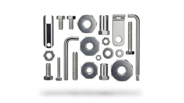 Precision Hardware: An assortment of meticulously arranged metal fasteners including bolts, nuts, washers, and other components, symbolizing order, engineering, and the building blocks of industry. - Powered by Adobe