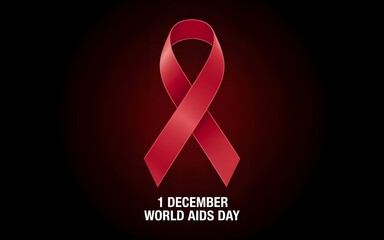 A large red ribbon, the international symbol for HIVAIDS awareness, against a dark background with the text 1 DECEMBER WORLD AIDS DAY displayed, created with generative ai