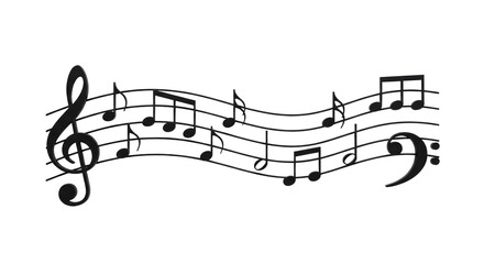 Black musical staff with wavy lines, clefs, and various notes, crisp edges, transparent, shadowless background, high-key studio light, minimalist design, concept of abstract business planning
