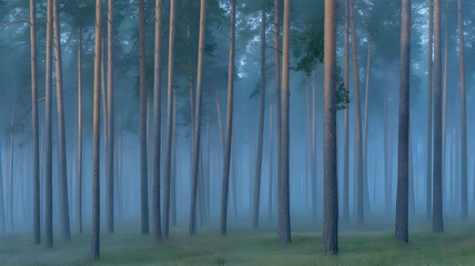 Foggy forest with tall trees creating mysterious atmosphere and peaceful environment showcasing density of woodland with muted colors and soft light