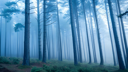 Misty forest in morning light with atmospheric mood creating ethereal scene and tranquil environment featuring tall trees and lush greenery