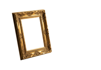 Antique golden rococo picture frame, highly detailed, gilded, with aged patina, subtly angled on a bright surface against a transparent studio backdrop, ample copy space. Timeless elegance and luxury
