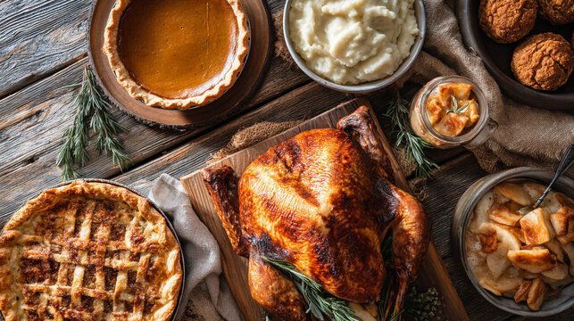 Overhead shot of a thanksgiving feast with turkey, pies, and side dishes laid out