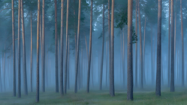 Foggy forest with tall trees creating mysterious atmosphere and peaceful environment showcasing density of woodland with muted colors and soft light