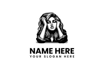 Vector illustration logo of a distressed woman, black and white logo design with slogan space