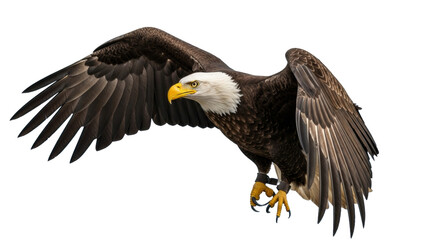 Obraz premium Majestic bald eagle in mid-flight with massive wings extended, intense yellow eyes focused, against a blurred mountain peak and blue sky, soft natural light, concept of strategic vision and decisive