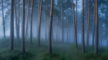 Mystical forest with fog and trees creating enchanting scene in twilight featuring quiet pathway and calm atmosphere in lush green nature