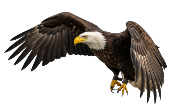 Majestic bald eagle in mid-flight with massive wings extended, intense yellow eyes focused, against a blurred mountain peak and blue sky, soft natural light, concept of strategic vision and decisive