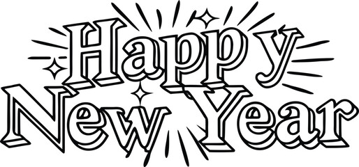 Happy new year text with sparkles and rays in outline style