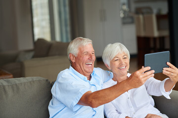 Video call, happy and senior couple on tablet for online conversation, chatting and talking. Home, retirement and elderly man and woman on tech with laugh, social networking and contact connection