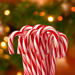 A bunch of classic red and white candy canes stand against a festive, bokeh-lit background, evoking the sweet spirit of Christmas.