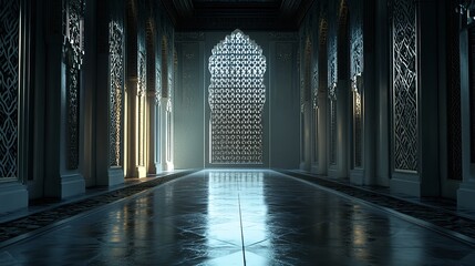 Atmospheric view down a long, ornate corridor or hall with tall columns and a large, intricately patterned arched window at the end