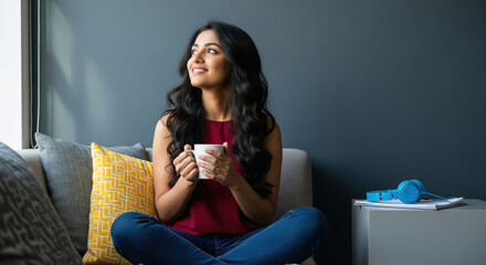 Relaxed young Indian woman with long wavy hair sitting cross-legged on a sofa, holding a coffee mug