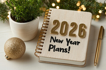 Spiral notebook with 2026 New Year Plans text and festive decorations