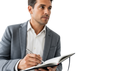 A gender-neutral professional, mid-30s-40s, ambiguous ethnicity, in business casual, writing in black notebook with silver pen on transparent background, concept of strategic planning and ideation