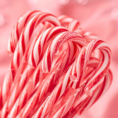 Close-up of vibrant red and white peppermint candy canes with sparkling sugar coating, set against a soft pink bokeh background, evoking festive holiday cheer.