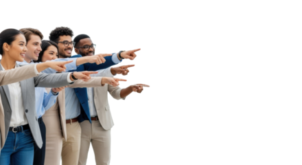 Diverse professionals, mid-20s-30s, in business casual, pointing at large blank banner in bright studio with copy space, concept of teamwork and future potential