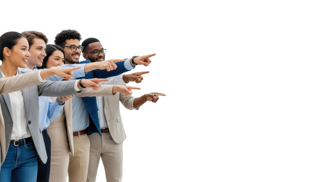 Diverse professionals, mid-20s-30s, in business casual, pointing at large blank banner in bright studio with copy space, concept of teamwork and future potential