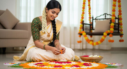 Indian woman in traditional Kerala saree sitting on the floor and carefully creating a colorful floral rangoli for a festive Onam