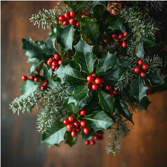 Traditional Christmas Holly and Frosted Fir Branches with Vibrant Red Berries and a Pine Cone, Festive Winter Background