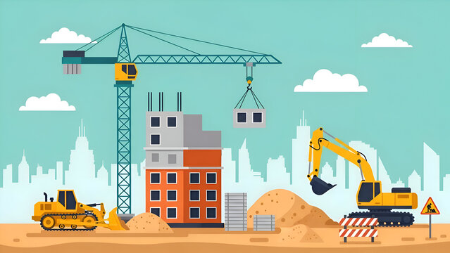Dynamic construction site with crane building modern city skyline, perfect for architecture, development, and urban planning projects illustration