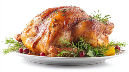 Obraz premium Roasted turkey garnished with rosemary and cranberries on a white plate view