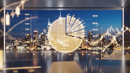 A cityscape backdrop with projected financial data overlays, charts, and graphs - Powered by Adobe