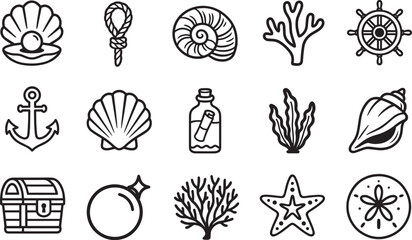 A collection of detailed line art icons related to the marine and ocean themes, perfect for use in nautical-themed designs. 