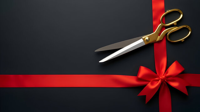 Celebrate Success Opening Ceremony with Gold Scissors Cutting Red Ribbon on Black Background for Grand Opening Event and Business Launch, Minimalist Style