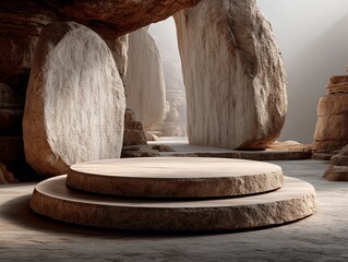 Serene Rustic Natural Display with Rock Textured Platform and Soft Hazy Lighting