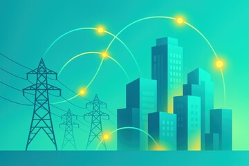 Urban connectivity illustrated through electric power lines and glowing networks showcasing technological synergy and cityscape vibrancy reflecting modern infrastructure resilience