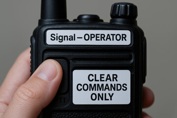 Hand holding communication device with labels for signal operator and clear commands only ensuring crane safety during operations