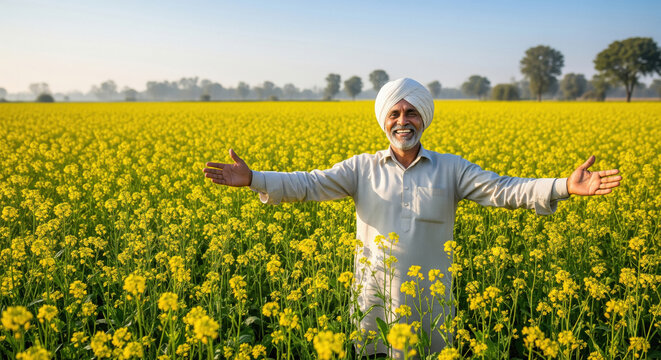 A joyful middle‑aged Indian farmer in a white turban stands with outstretched arms in a vibrant yellow mustard field under a clear blue sky. - Powered by Adobe