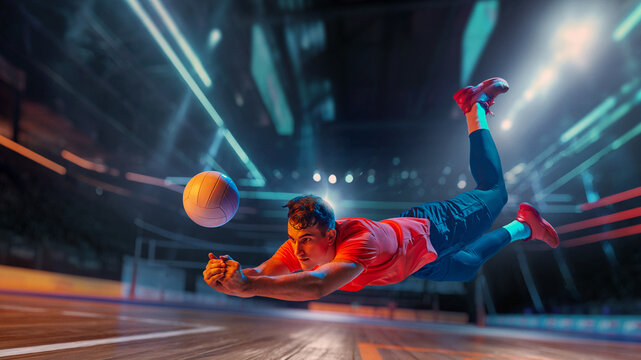 Energetic collage of male volleyball player diving forward at full speed to save ball on court. Concept of coaching materials, reaction drills, physical programs, and sports performance education.