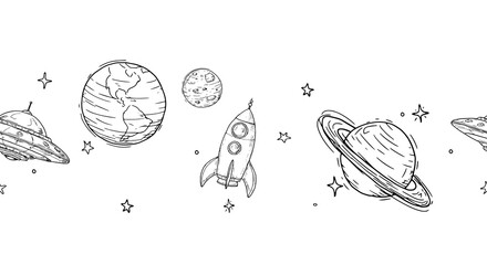 Planets and stars, black and white sketch. Vector illustration. Seamless horizontal border with rocket and ufo isolated on a white background. For postcards, children's parties and textile printing