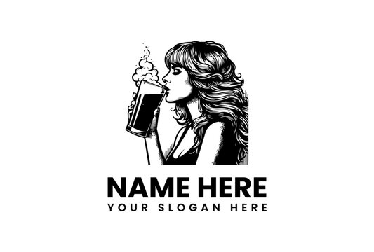 Beer Woman Logo Vector Illustration of a Woman Drinking Beer