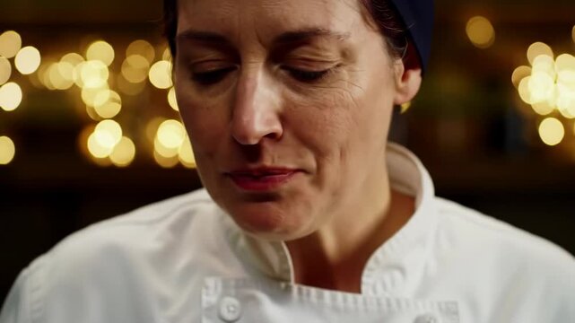 Chef tasting culinary creation in elegant restaurant setting with soft ambient lighting